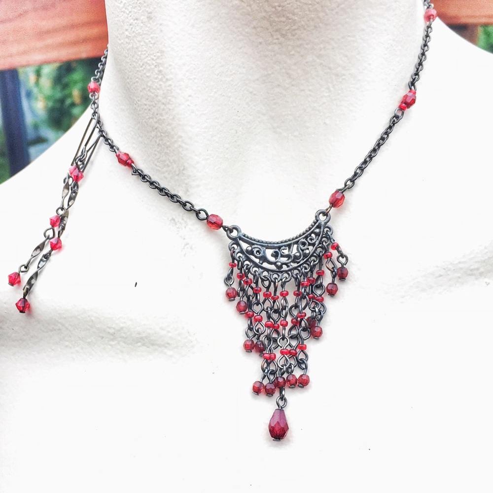 Set/2 Ruby Red Fringe Necklace & Earrings
